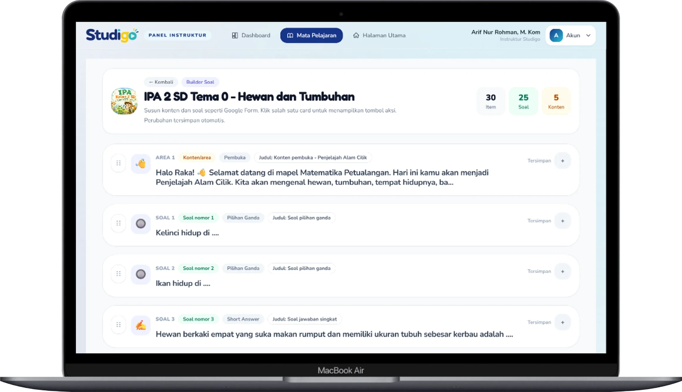 Panel guru untuk mengelola soal interaktif di Studigo