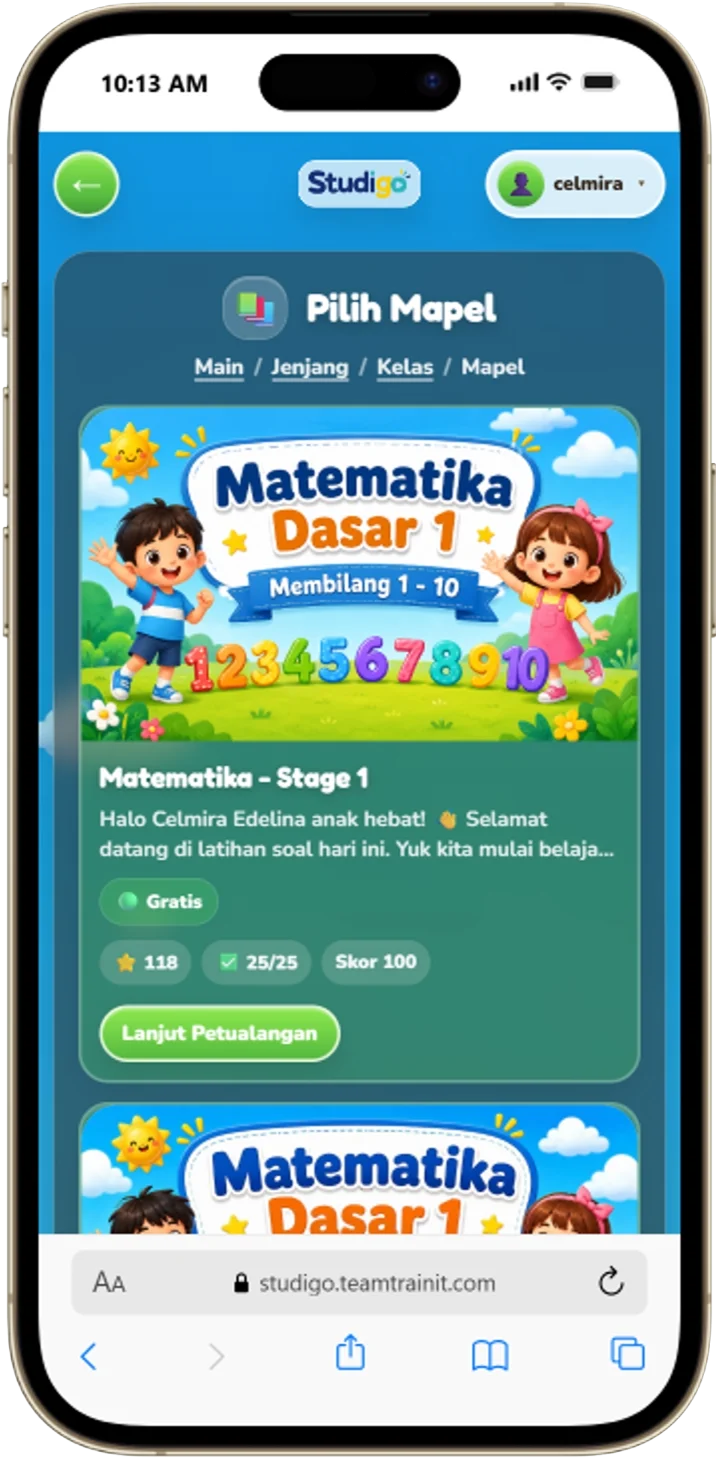 Tampilan game edukasi Studigo dengan node soal dan konten